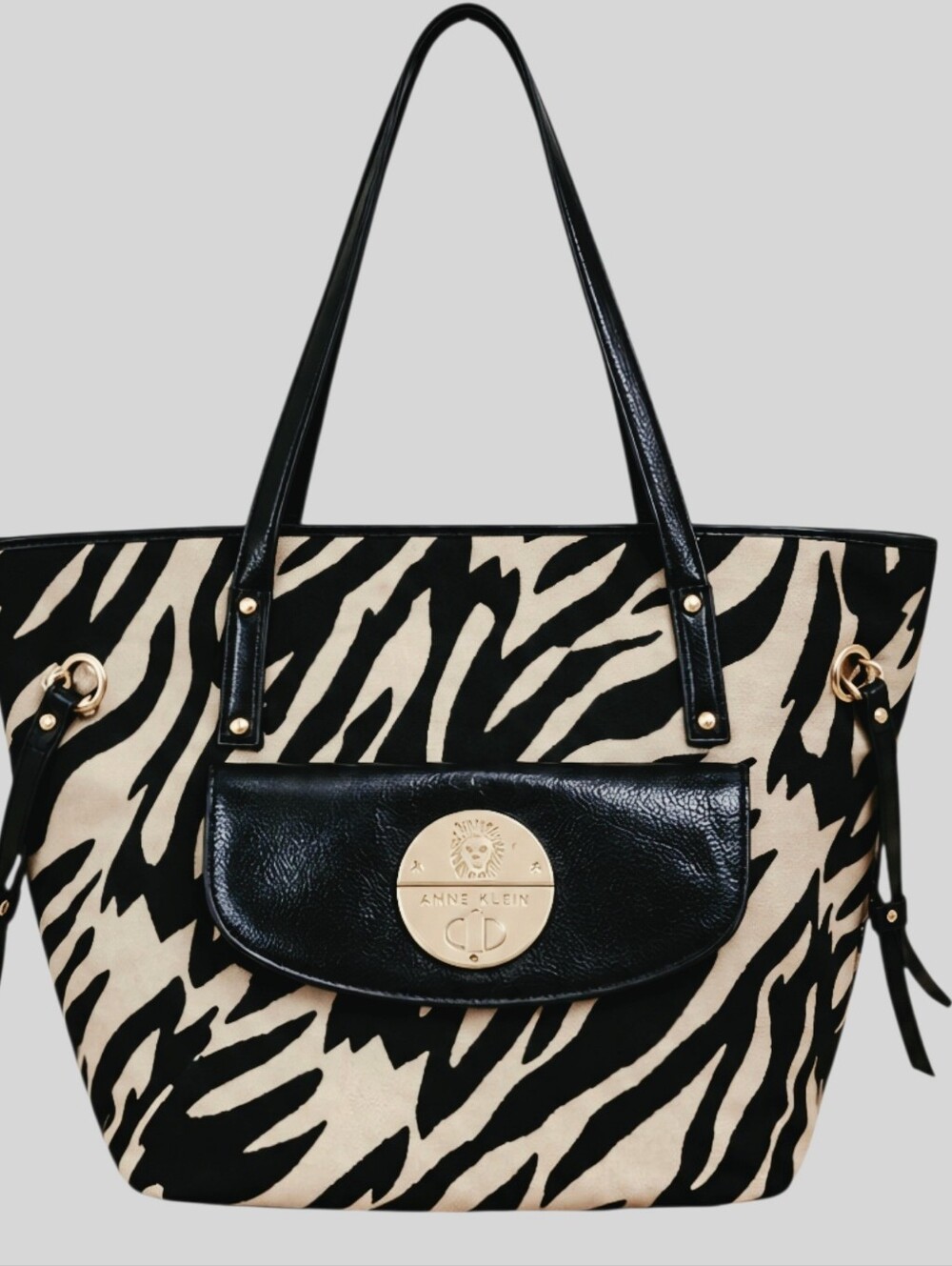 Anne Klein Zebra Print Canvas Tote – Black & Tan – Gold Medallion